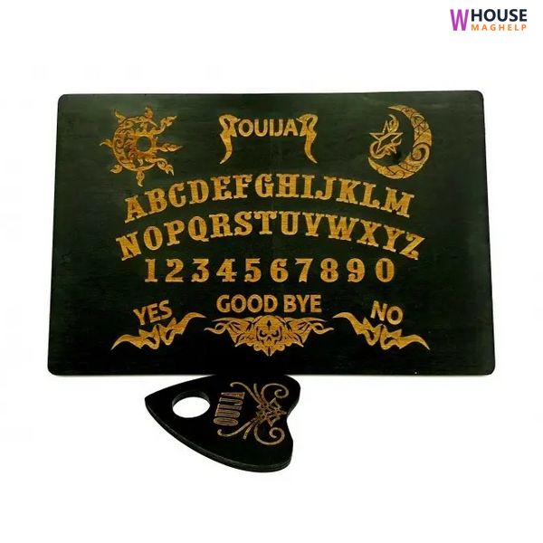 Ouija board, in English, dark (44.5x29x0.8 cm), enamelled, pointer included