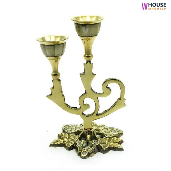 Candle holder for 2 candles bronze with mother of pearl (15.5x10x10 cm) (MOP Candle Stand Angoor)