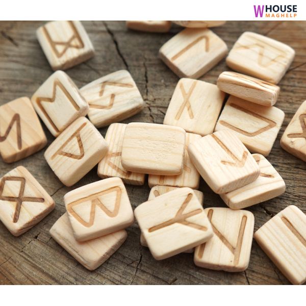 Set of wooden runes for divination with annotation from Pine