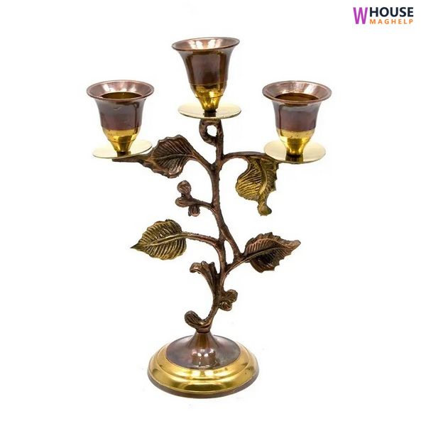 Bronze candle holder for 3 candles (19.5x13x7 cm) (Candle Stand 3C Leaf antic)